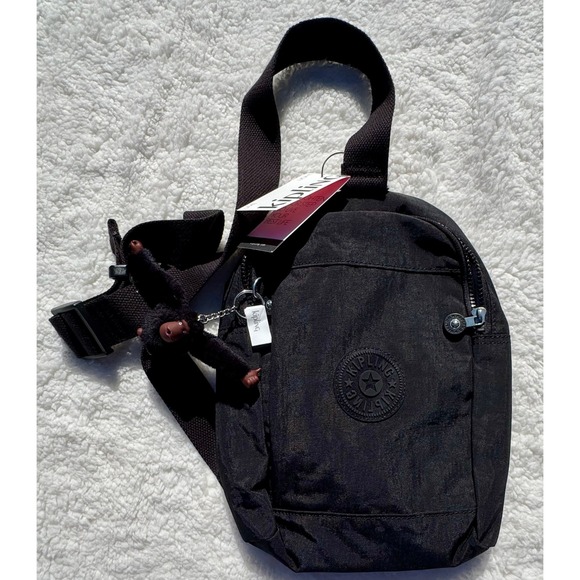 Kipling Nweldoardo Abanu M Solid Black Small Crossbody Bag Purse w/ Monkey NWT - Picture 1 of 5
